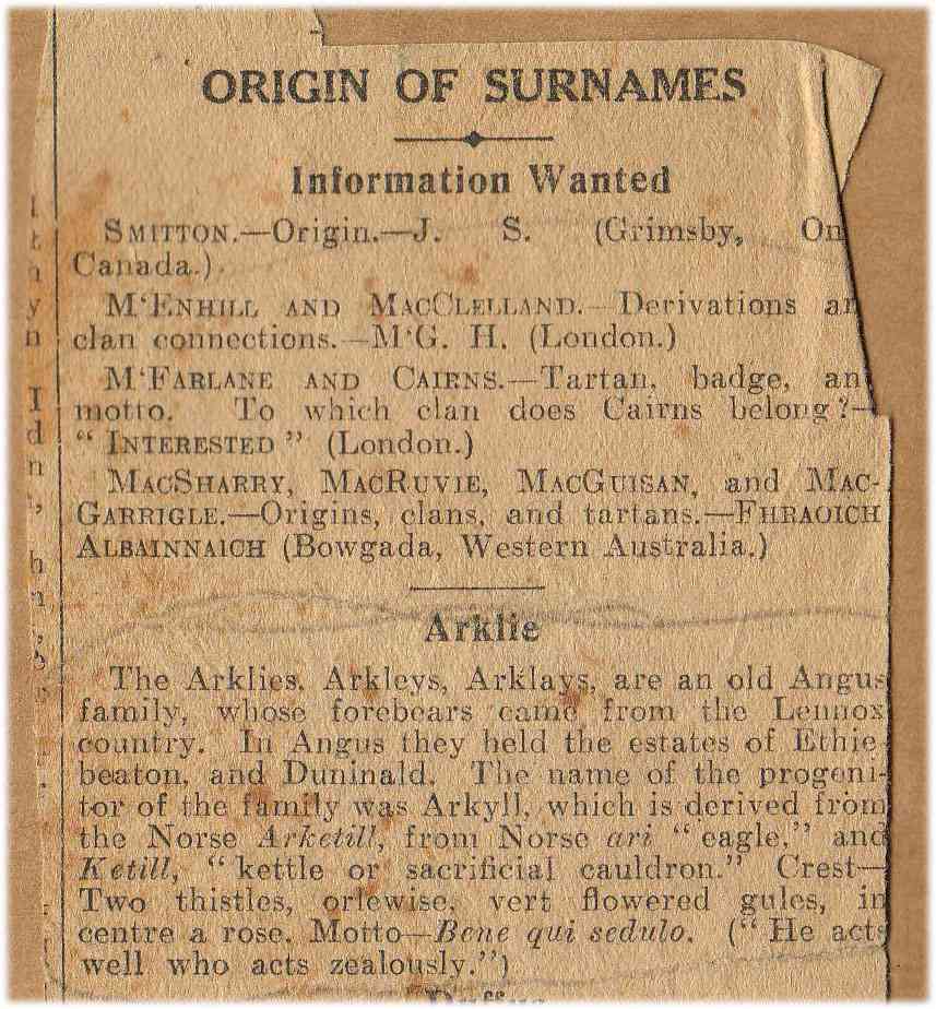 Page 28 Reams/Hibbits/Arkley Genealogy The Arkley Crest